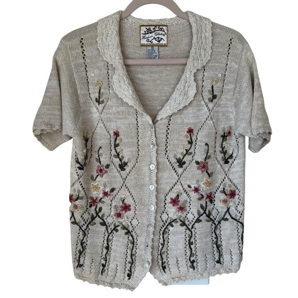 Heirloom Collectibles Vintage Floral Embroidered Short Sleeve Knitted Blouse S - Picture 1 of 4